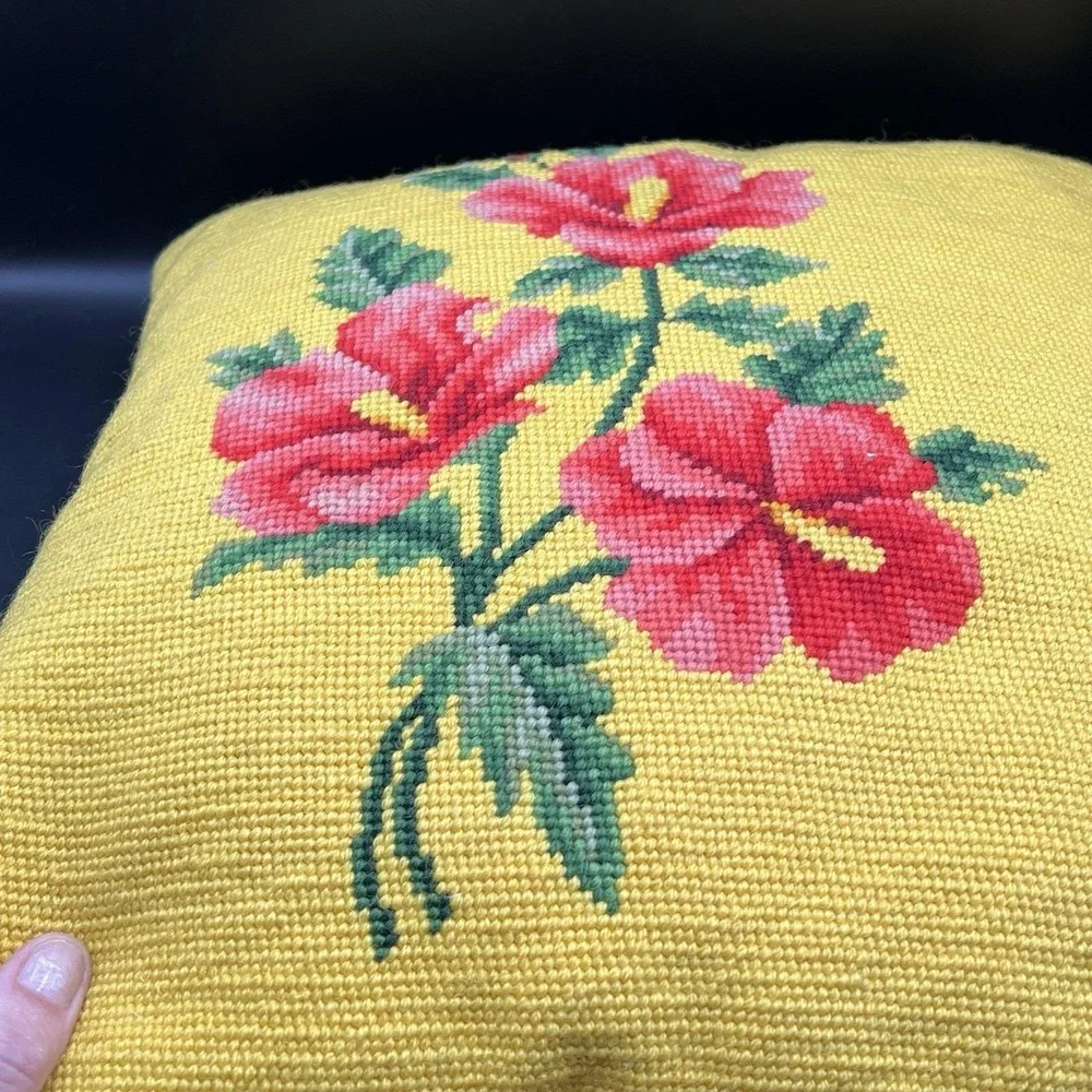 VTG Floral Tapestry Pillow Yellow w/ Bright flowers Needlepoint 15x15 Velvet Bck